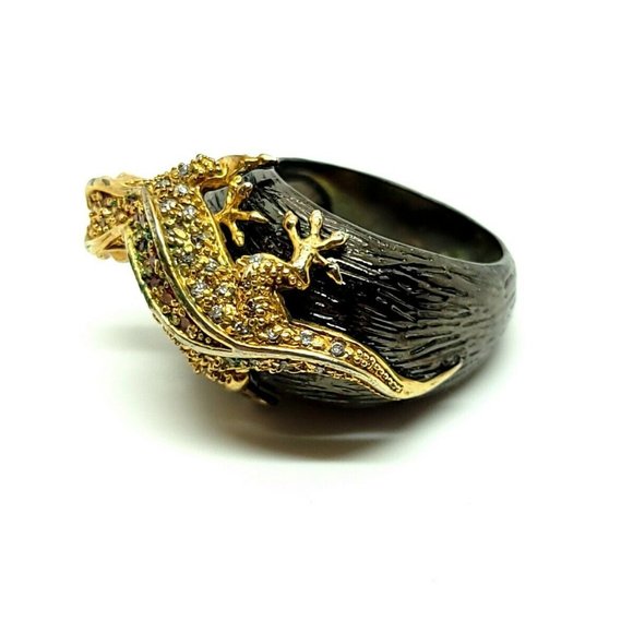 Elegant Iman CN Charcoal Gold Plated Pave Rhinestone Chameleon Cocktail Ring - Picture 8 of 10